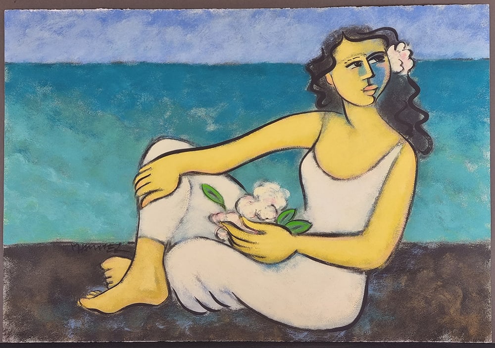 Marsha Hammel Original Oil: Original oil painting on gesso card by the superb American artist Marsha Hammel. This delightful original is titled "Seated figure with flowers". Signed and titled on the reverse. This large original