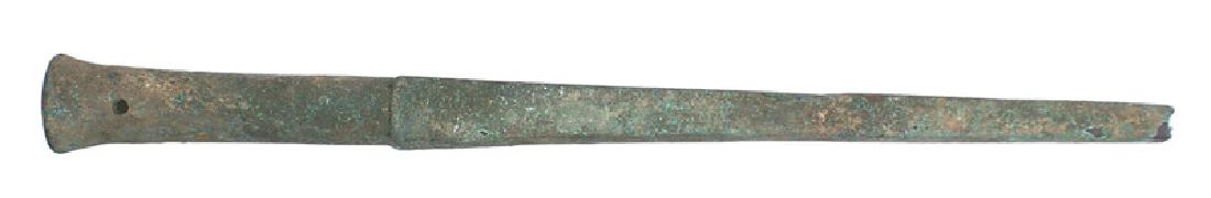 Lot 3 Luristan spearheads Circa 1000 B.C.: R-006 Lot of 3 Luristan spearheads: (1) One piece square tapering 8" blade (approximately 1" missing from tip) with a 3 1/2" socket tang. Drilled for accommodating a pin attachment to a shaft. Green p