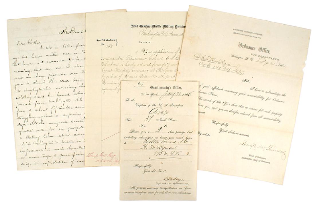 Lot of 4 Civil War documents: K-040 Lot of 4 Civil War documents: (1) Letter from Harry S. Joy to his brother. Sent from New Berne on April 5, 1863. Content mainly concerns his Artillery Unit "struggling against a superior force f