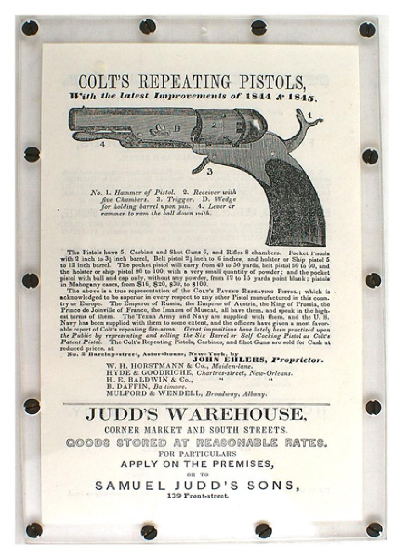 Early COLTS REPEATING PISTOLS advertisement: K-061 Early "COLT'S REPEATING PISTOLS" advertising hand-out. An illustration of a Patterson Colt, with numbered parts, emphasized the Colt description of what type of weapons are being offered and whi