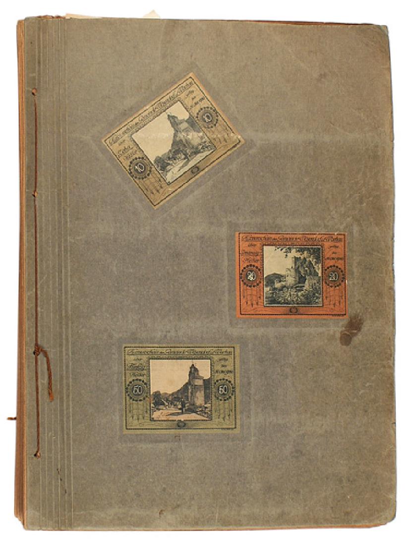 German Austrian Notgeld notes Album: P-021 Album, similar to above - from the same collection. Over 2700 Austrian "notgeld" notes. Examples of cities and towns from Braunau (Hitler's birthplace) to Neumarkt. Notes include: castles, medie