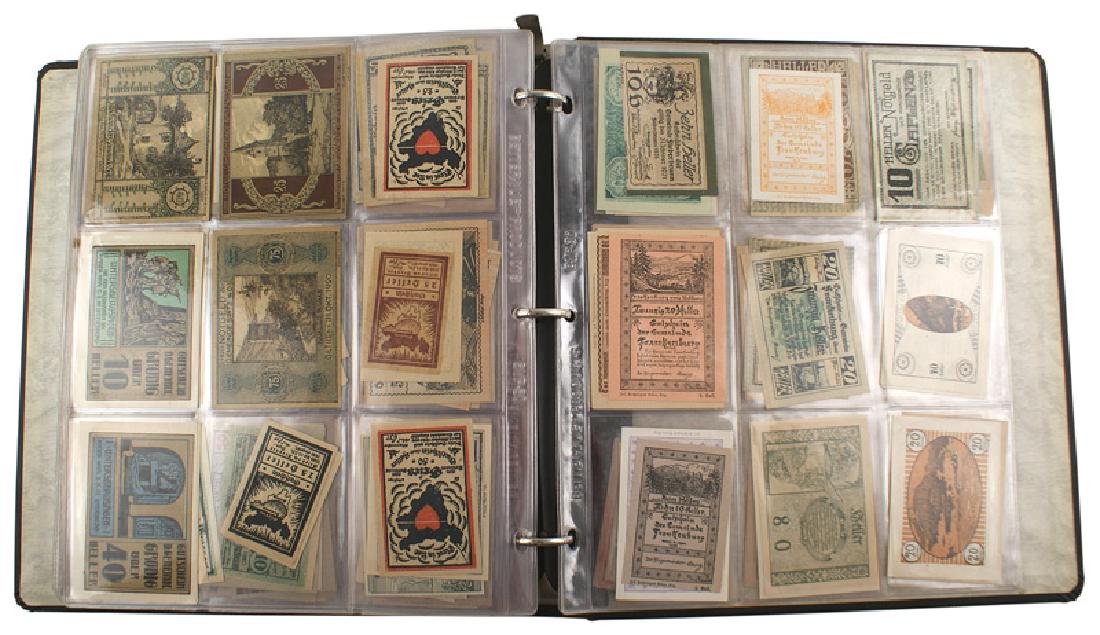 German Austrian Notgeld notes binder: P-024 Three-ring binder album as above, housing a collection of 810 Austrian "notgeld" notes. Topics cover a wide range and includes monuments, coat-of-arms, political - "Brenner the heart of the tiro