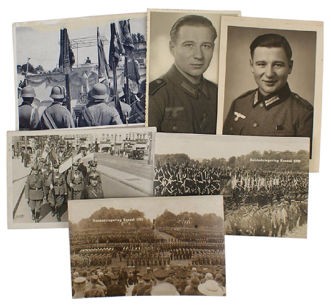 Lot of 6 German WWII photo postcards: P-036 Lot of 6 Third Reich photo post cards. Includes two photo portraits of infantry soldiers and four related to the Kassel 1935 and 1939 "Reichskriegertag". II