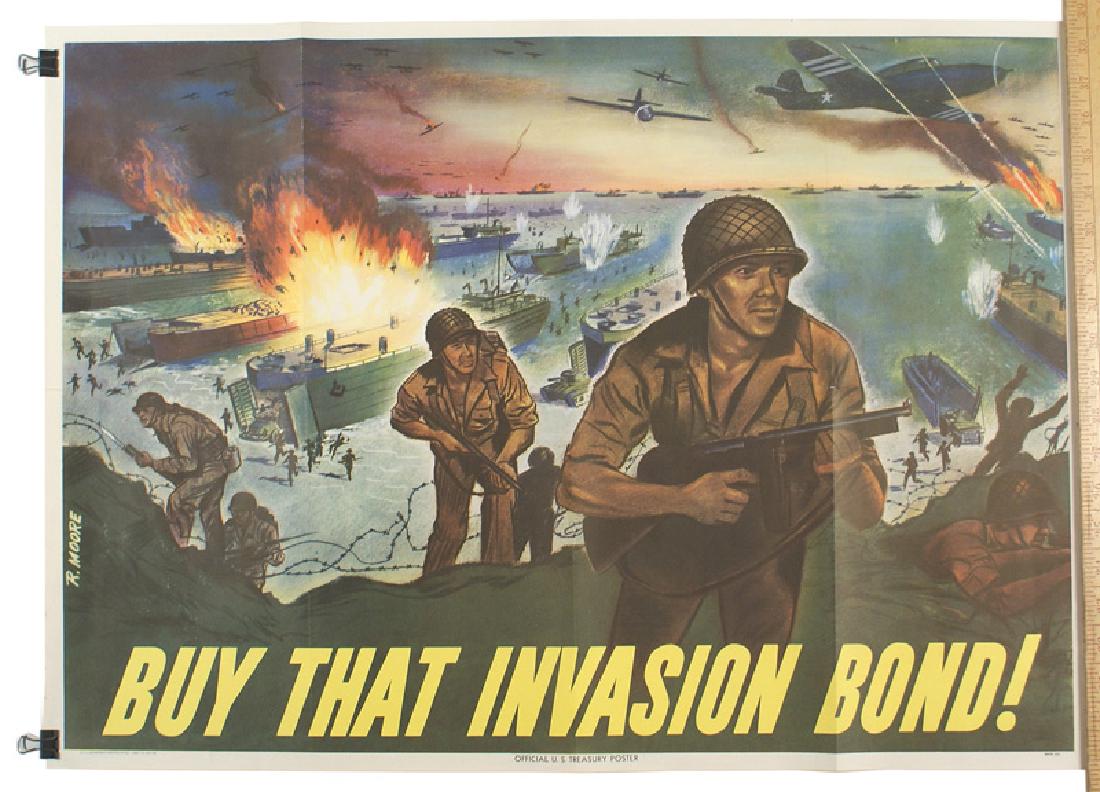 U.S. WWII poster BUY THAT INVASION BOND: J-007 U.S. WWII poster: "BUY THAT INVASION BOND". Panoramic view of a U.S. invasion fleet and soldiers storming the beachhead. 20" x 28". II