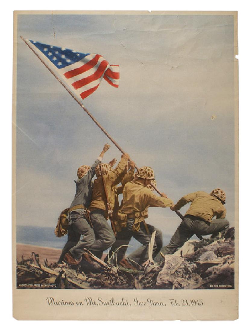 U.S. WWII Iwo Jima print poster: J-021 "Marines on Mt. Suribachi, Iwo Jima. Feb. 23, 1945". Color print presentation of the famous photo by Joe Rosenthal. A period print. 22" x 16". II