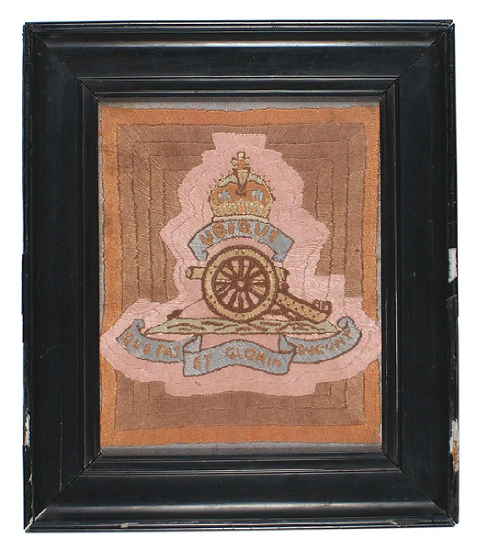British embroidered Artillery Badge Circa 1900: G-015 British antique military embroidery. Multi-color presentation of a crowned artillery badge. Includes the motto "UBIQUE QUO FASET GLORIA DUCUNT". Mounted in a period blackened gesso frame. Overal