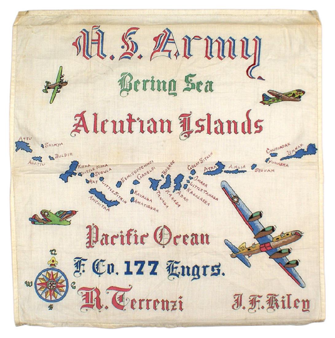 U.S. WWII North Pacific souvenir 177th Engrs: G-016 U.S. art work souvenir of WWII service in the Northern Pacific. 16" x 16" silk handkerchief decorated with airplanes, all the named islands with "US Army-Bering Sea-Aleutian Islands", "Pacific O