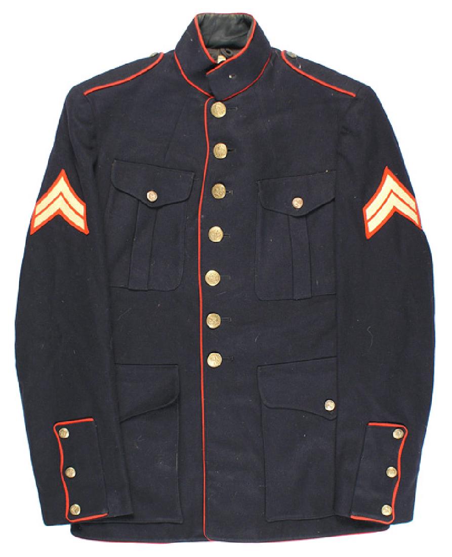 Lot of 2 U.S. Marine Corps WWII tunics: F-076 Lot of 2 U.S. Marine Corps WWII tunics: (1) Green wool 4-pocket service tunic. One metal EGA on collar. Embroidered 2nd Division shoulder patch and PFC chevrons. Sleeve lining dated "1945". Seve