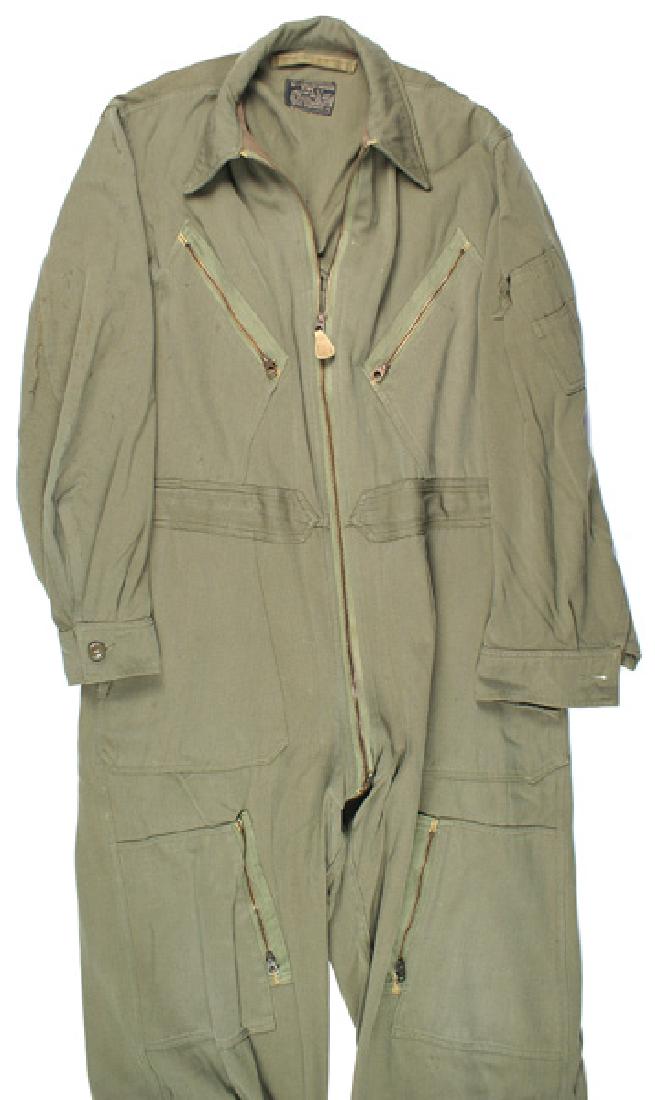 U.S. WWII Army Air Force flying suit: F-078 WWII U.S. Army Air Force type L-1 flying suit. OD gaberdine material. All zippered pockets and front. II
