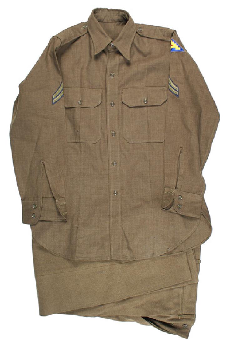 Post-WWII U.S. Army uniform lot: F-086 Post - WWII U.S. Army uniform lot: (1) Ike jacket with PFC chevrons and a 7th Army embroidered sleeve patch. Also a 3-ribbon bar (Occupation of Germany, a Marksman's bar, a U.S. Treasury Merit A