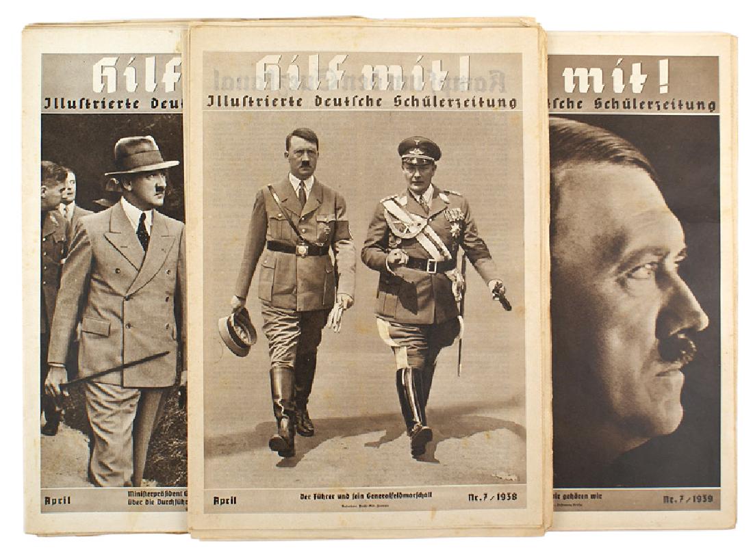 Lot of 9 German WWII issues of Hilf Mit!: I-005 Lot of 9 different(1936-1939) issues of "Hilf Mit!", the illustrated publication for school children. Includes photos and articles related to politics, history, culture and of course, Nazi propa