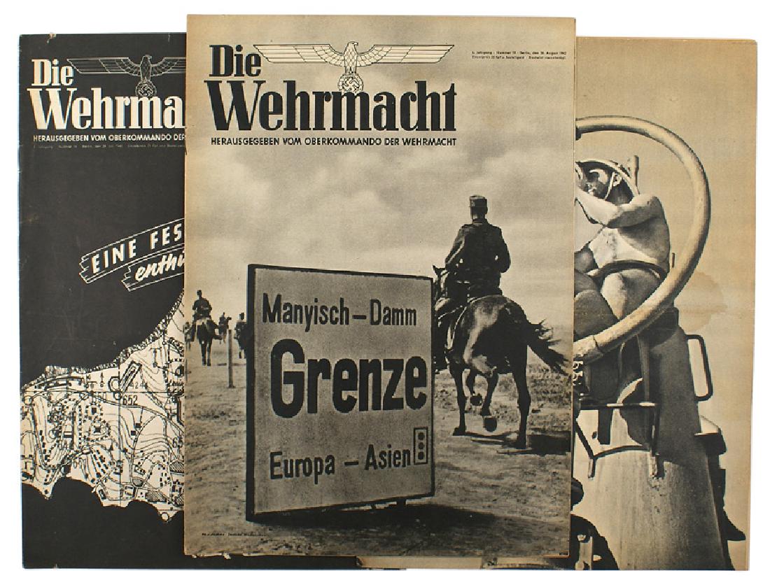 Lot of 3 German WWII magazine Die Wehrmacht: I-038 Lot of three 1942 editions of the pictorial magazine "Die Wehrmacht". Includes arming Luftwaffe bombers, Soviet tanks, coastal fortifications, combat along the Don River. II