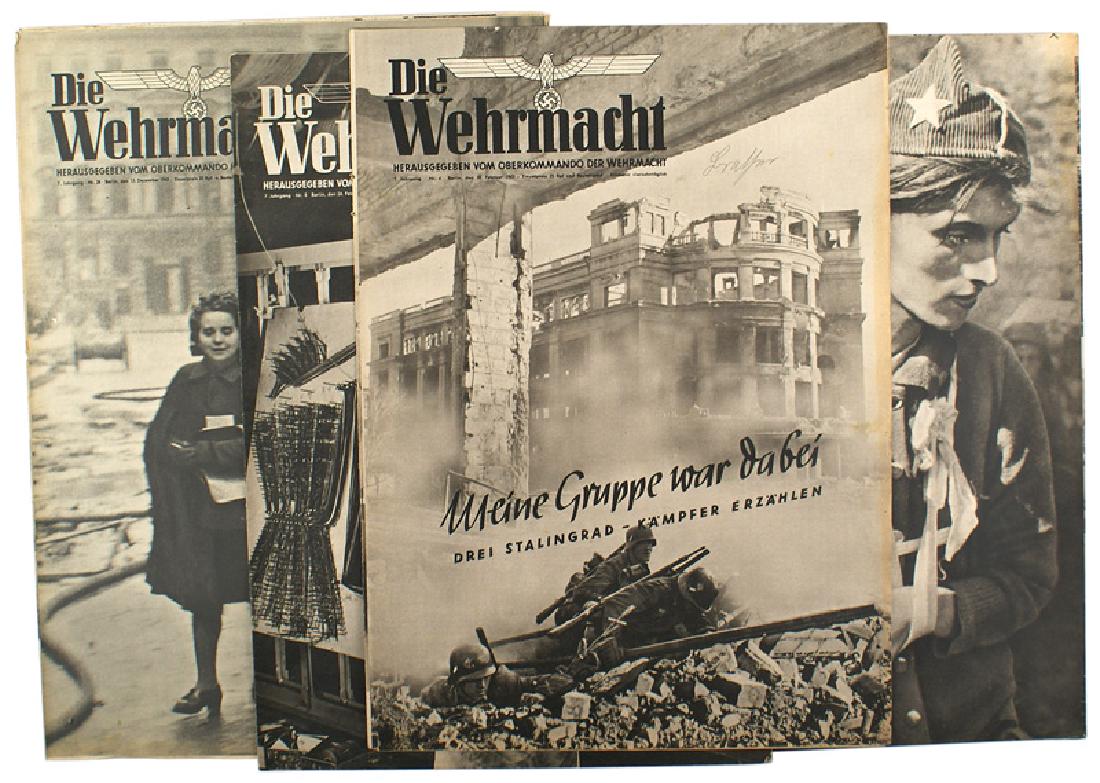 Lot of 4 German WWII editions of Die Wehrmacht: I-040 Lot of 4 different 1943 editions of "Die Wehrmacht". Large format pictorial magazine includes photo articles on fighting Serbian partisans, winter warfare in Russia, paratrooper activities and f