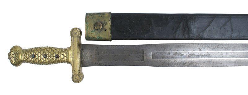 U.S. M1832 Foot Artillery sword: I-088 U.S. M1832 Foot Artillery sword. One-piece brass "fish scale" grip with an American Eagle on each side of the pommel. Straight rounded end quillons engraved "8 RGT." and stamped "US" and with in