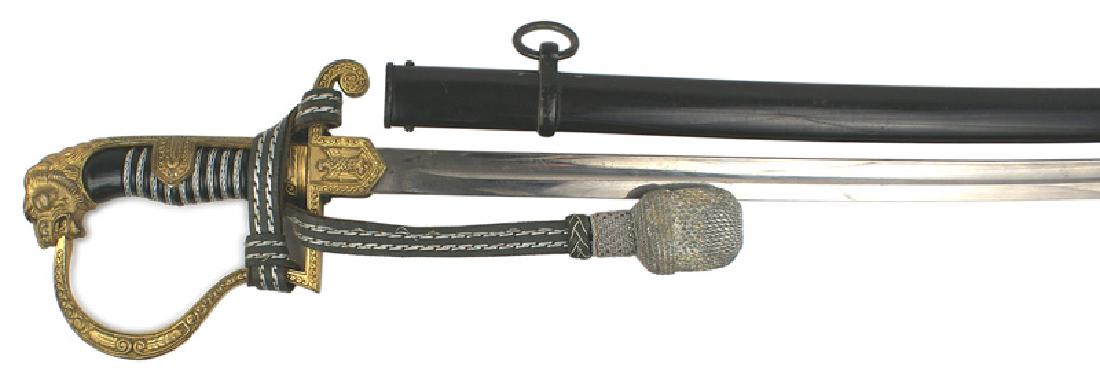 German WWII Army Zieten pattern sword: D-061 German WWII Army Officer "Zieten" pattern dress sword. Age toned gilt tiger head with red stone eyes pommel, decorated backstrap, floral designed flat reverse "P" knuckle-bow and relief dot patt