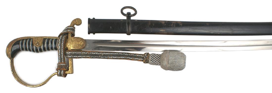 German WWII Army officer dress sword: D-062 German WWII Army Officer's dress sword. "Room" pattern. Age toned gilt brass, deeply etched oak leaf pommel/backstrap/reverse "P" knuckle-bow. Shield-shaped langet with an engraved Armed Forces 
