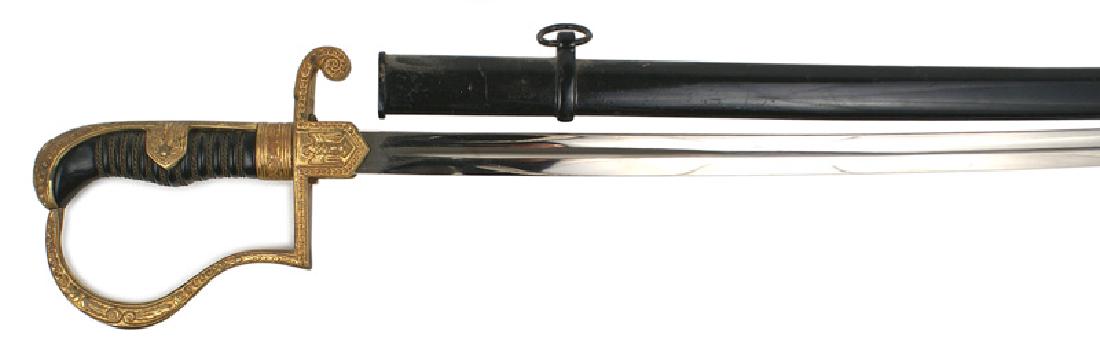 German WWII Army Derfflinger sword: D-067 German WWII Army Officer "Derfflinger" dress sword. Age darkened gilt brass relief circular pattern designs on the pommel/backstrap/reverse "P" knuckle-bow/crossguard and outlined relief eagle/s