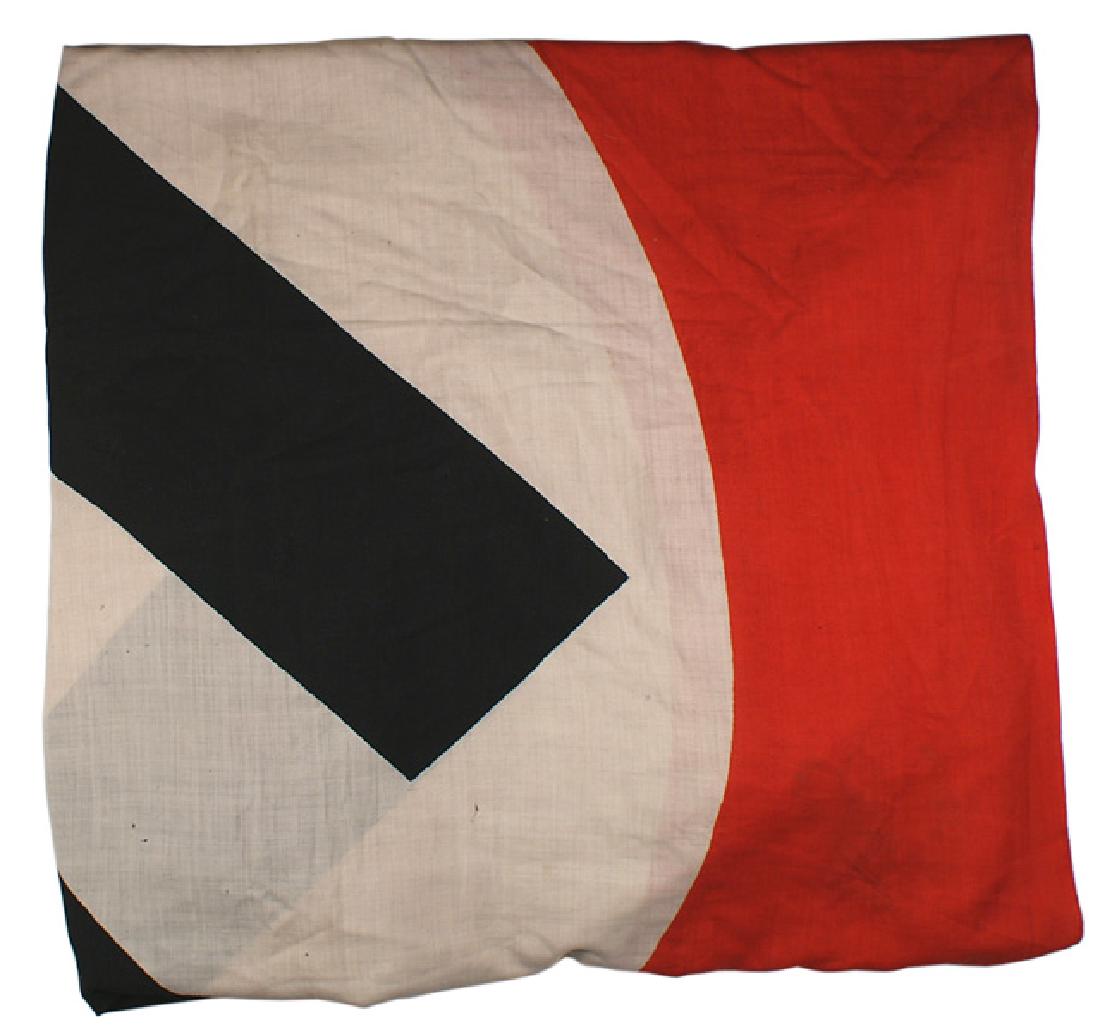 German WWII NSDAP building flag: H-057 German WWII N.S.D.A.P. building flag. Huge black swastika printed on a white roundel - on a red field. 117" x 195". Rope tie on border, which is stamped "3.0 x 5.0". Minor spots - overall in ver