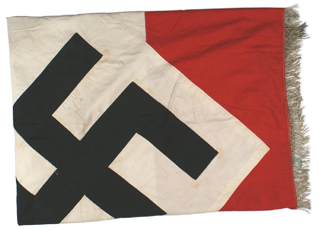 German WWII Hitler Youth standard flag: H-063 German WWII HJ (Hitler Youth) standard. Large titled black swastika sewn to a white diamond, which is sewn to a red field with a 15 1/2" wide horizontal panel. Silver fringe on three sides. Pole