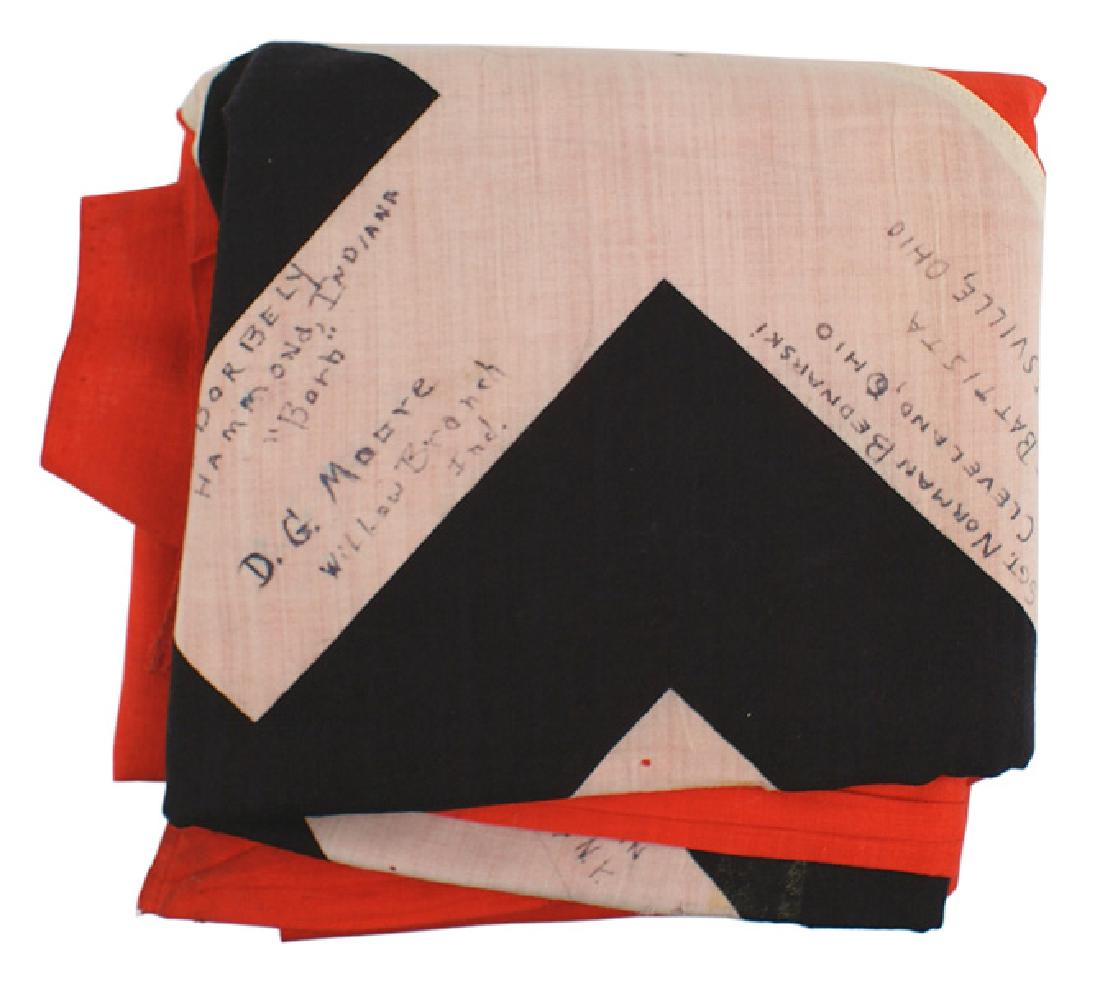 German WWII NSDAP banner flag: H-065 German WWII N.S.D.A.P. banner. Large printed black swastika on a 18" diameter white circle on a red field. GI's who captured this item have written their names (eleven) and "Hannover Germany 194