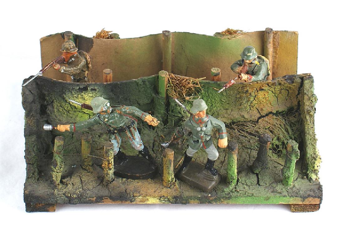 German WWII toy trench soldiers: H-076 Third Reich era toy trench fortification with 4 toy soldiers. Two are riflemen (one marked Elastolin) and 2 are different grenade throwers (Elastolin and Lineol). Two show the typical wear of ag