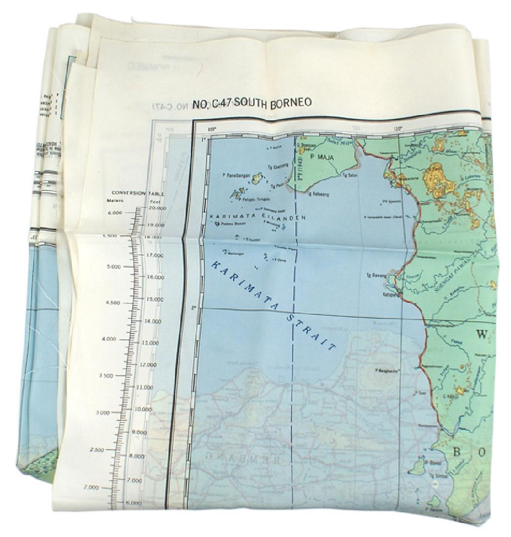U.S. WWII Army Air Force escape map: H-162 U.S. WWII Army Air Force two-sided silk escape map. Colorful, detailed chart of West Java. Reverse is a map of South Borneo. Map is dated "1944". 2 1/2" x 40 1/2". One intentional 3" x 1/2" blac