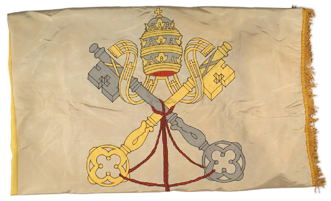 Vatican silk parade flag Roman Catholic: H-208 Vatican silk parade flag. Two vertical panels - one is a yellow, the other white with an embroidered insignia of the Papal State - miter and crossed keys. Yellow-gold fringe on three sides. Rein