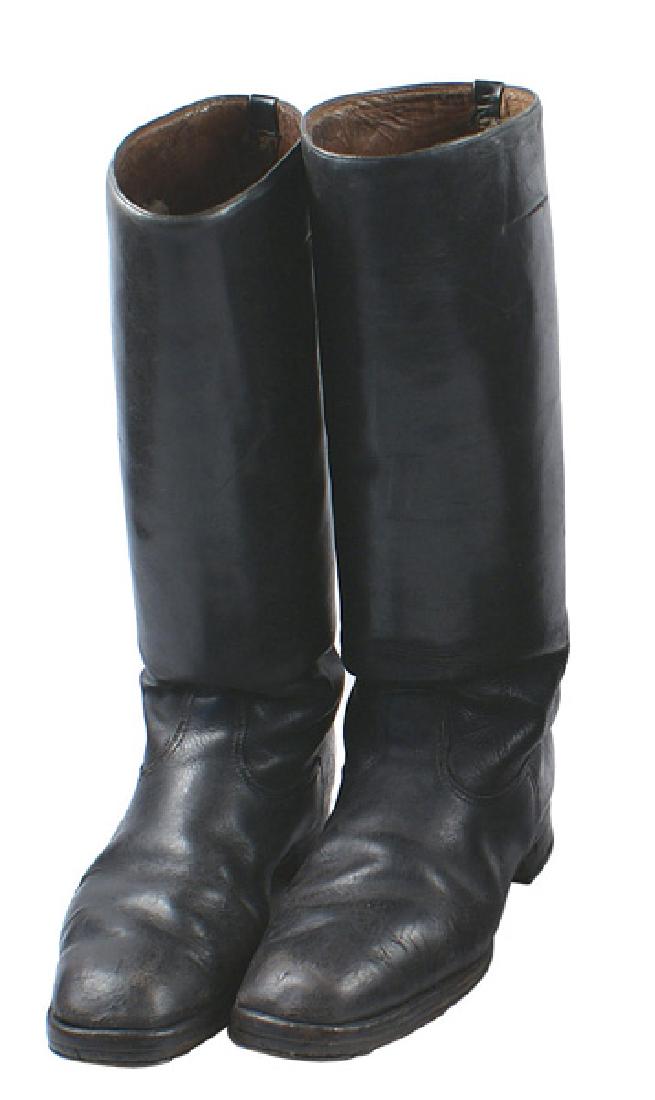 German WWII Officer black leather boots: N-032 German WWII Officer's black leather boots, but with steel taps, hobnails and "horseshoes". Size approximately 10. About II