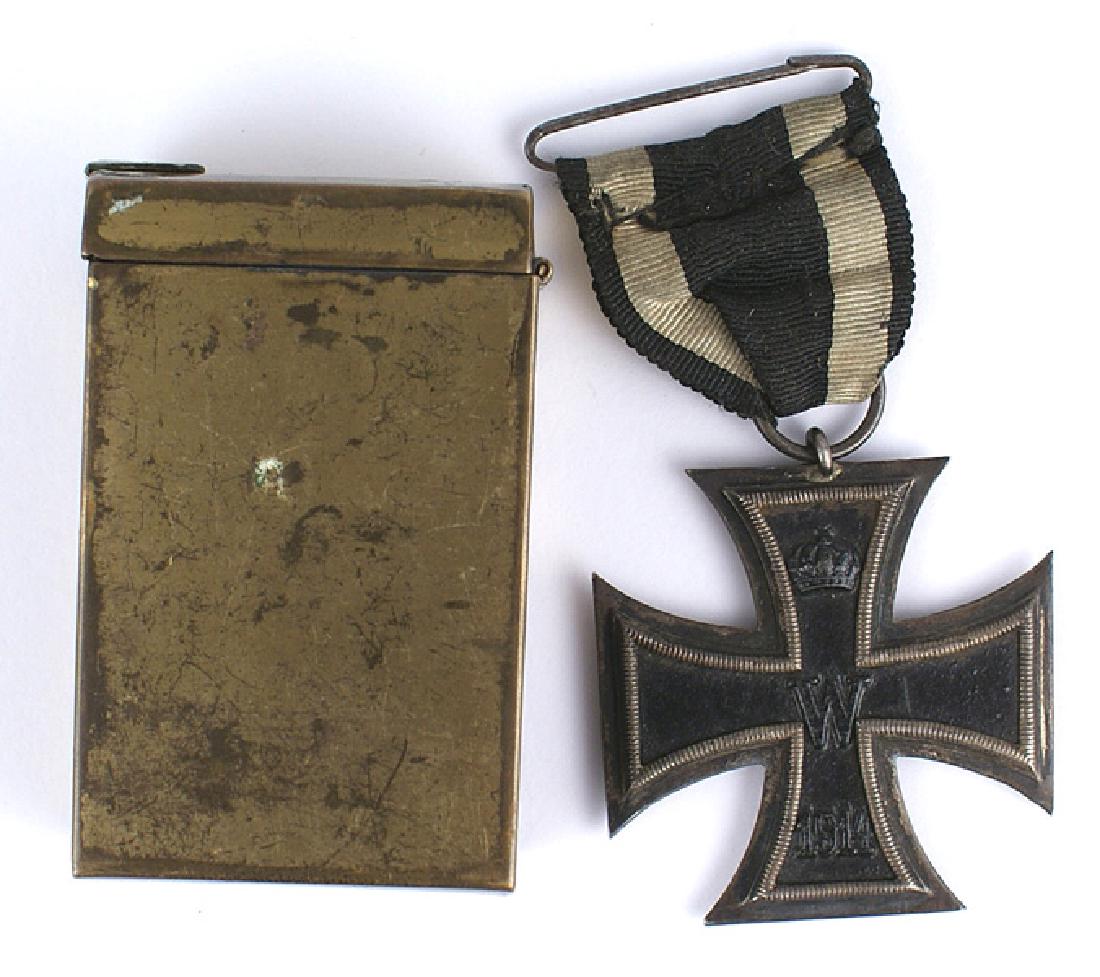 German Prussia 1914 2nd Class Iron Cross: B-055 Imperial German 1914 2nd Class Iron Cross. Blackened silver frame. Original ribbon and pin. With a period metal matchbox holder - with a box of "PIONEER" safety matches. II