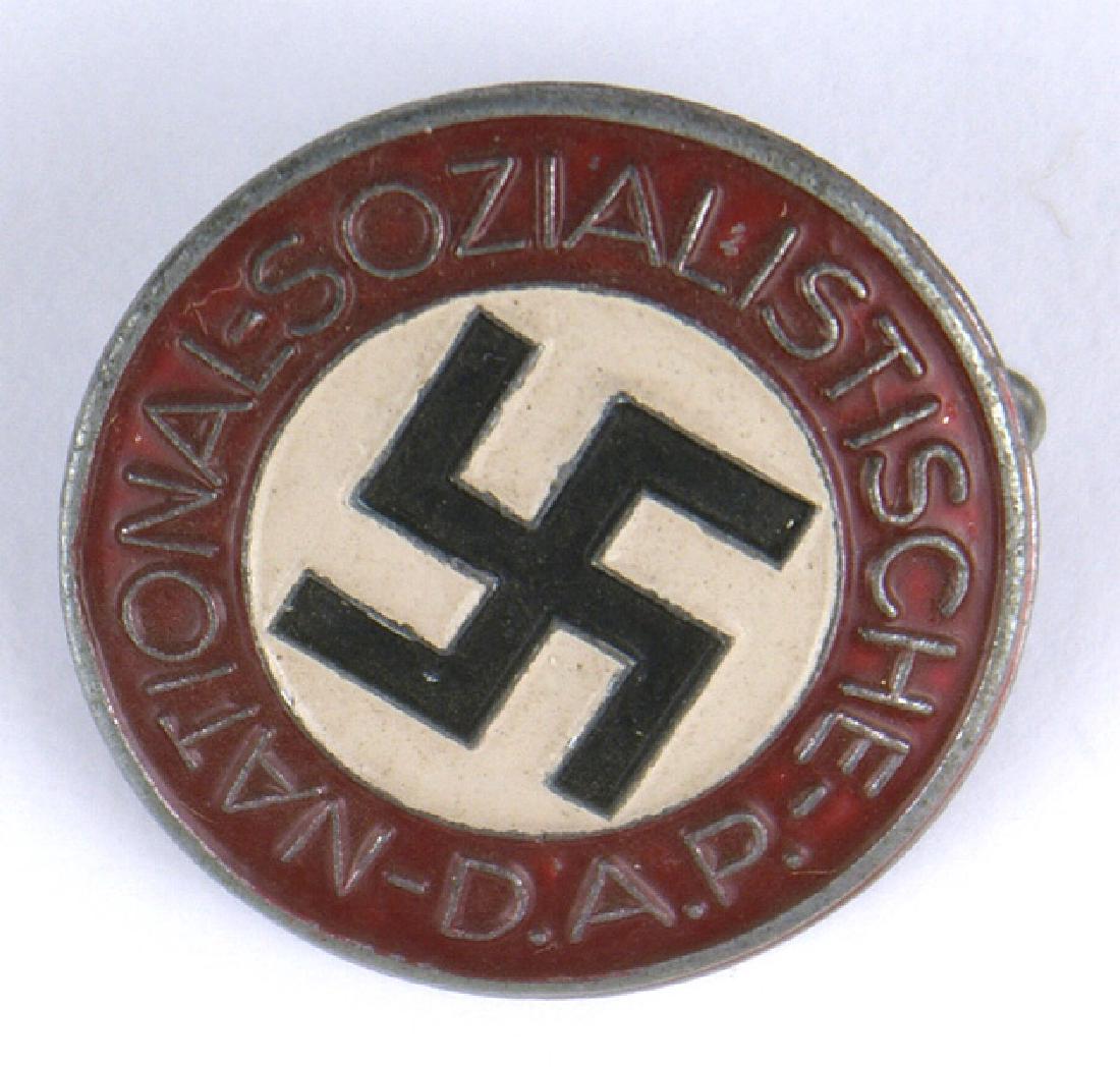 German WWII NSDAP member lapel pin: B-103 German WWII N.S.D.A.P. member's lapel pin. Second type-painted raised swastika and wording. Reverse marked "RZM" and "M1/159". II