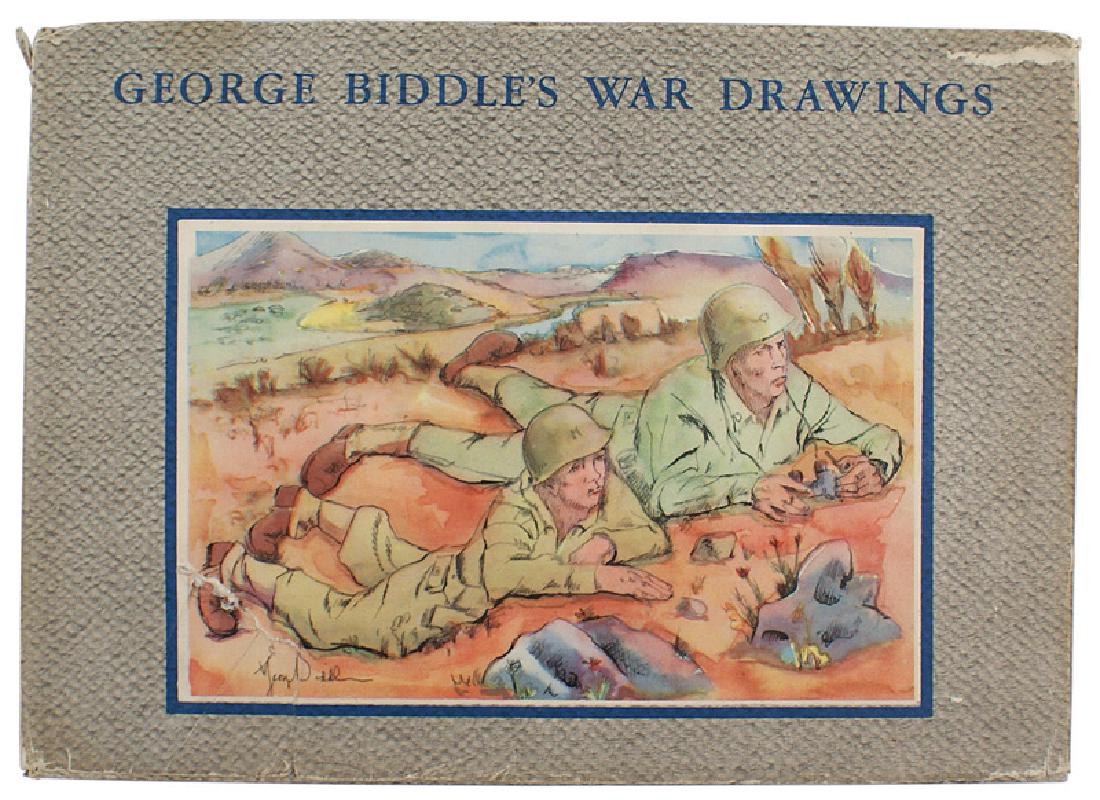 U.S. WWII GEORGE BIDDLES WAR DRAWINGS book: I-065 U.S. WWII "GEORGE BIDDLE'S WAR DRAWINGS" book. 10 1/2" x 7 1/2". Dated 1944. With original colored dust jacket. 78 pages of full page drawings of the 1943 North Africa Campaign: troops, prisoner