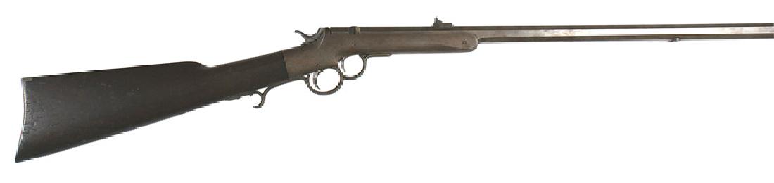 Civil War era Frank Wesson breech carbine: M-025 Civil War era Frank Wesson breech loading carbine. 24" octagon barrel is "in the gray". Has both front and rear folding leaf sights. Most of name is worn away but "OCT 25... WORCESTER, MASS." re