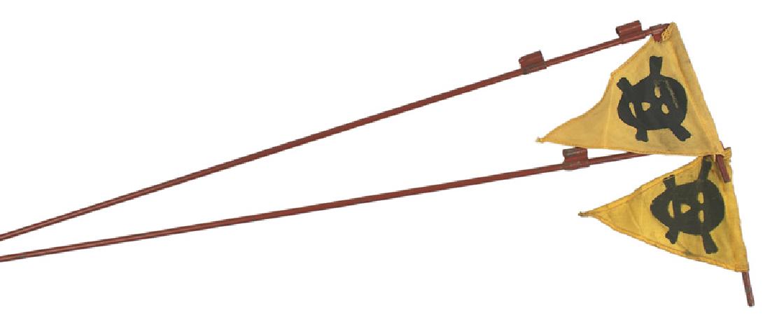 Lot of 2 German WWII Mine Field markers: M-129 Lot of 2 German Mine Field markers. 20" metal rod with a 4" extension holding a small yellow cloth pennant bearing a black skull/crossbones. II