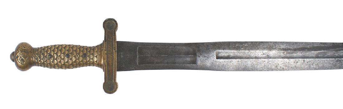 U.S. M1832 Foot Artillery Sword: K-012 U.S. M1832 Foot Artillery Sword. One-piece brass "fish scale" grip/American eagle pommel/"bar" crossguard with circular ends. Gray 19 1/4" blade with one long and two short deep fullers. Marked 
