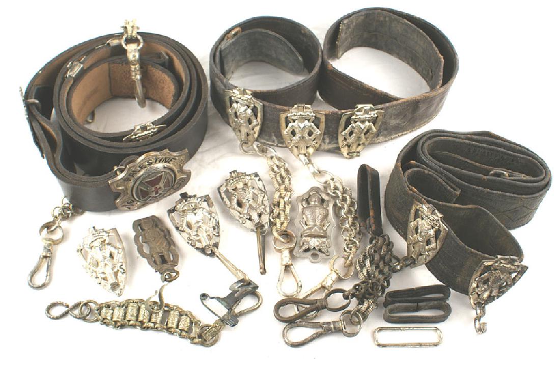 Lot of 3 antique Masonic leather belts: K-066 Lot of 3 antique Masonic leather belts. One has a large silvered shield-shaped buckle with a red enameled Maltese Cross and "PALESTINE" and "No. 6". All with relief knight's armor metal slides/c