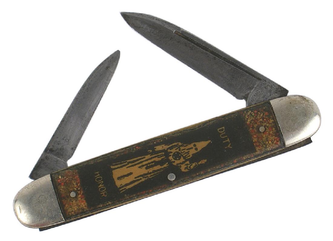 Ku Klux Klan Circa 1920s pocket knife KKK: K-067 Ku Klux Klan Circa 1920's pocket knife. Clear plastic over a hooded figure with "DUTY" and "HONOR". Reverse has "100%", a cross and a monogram "AKKA". The larger of the two blades (1 5/16") is m