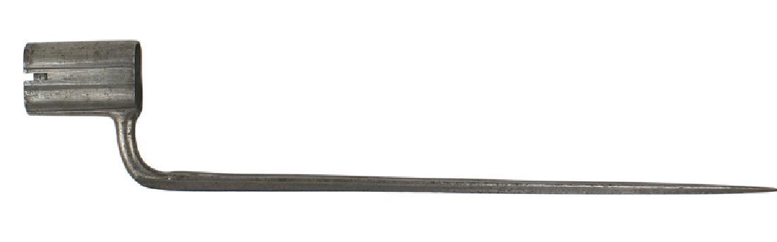 French double barrel rifle socket bayonet: D-022 French early 19th Century double barrel rifle socket bayonet. 2 1/2" long double cylinder socket which is cut to slide past a sight. Underside has swivel locking bar. 13 3/4" triangular blade. S