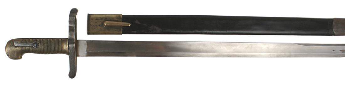 German Wurttemberg bayonet Jager rifle: D-029 Unusual Wurttemberg bayonet for the over/under Jager rifle. One-piece ribbed brass grip with a steel crossguard having a double muzzle ring. 21 1/8" clean steel blade except for a 2" discolorati