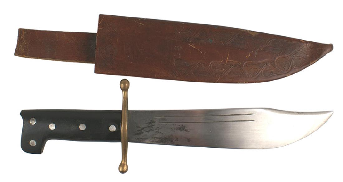 U.S. WWII V-44 Survival knife: D-090 U.S. WWII V-44 Survival knife. Black composition grip with five steel rivets and a straight brass crossguard with round end finals. (some small black patches). 9 3/4" fairly clean scimitar type 