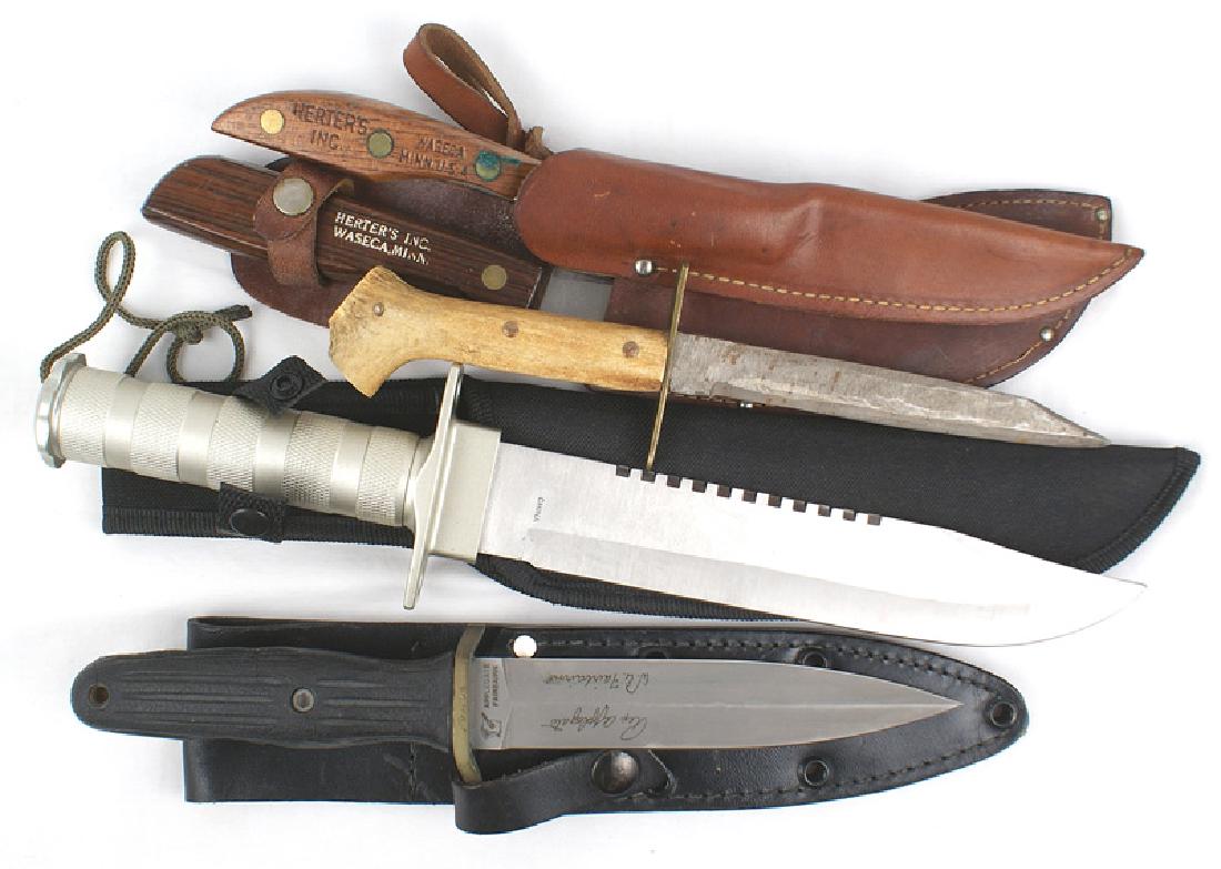 Lot of 5 knives Contemporary Survival knife etc: D-132 Lot of 5 knives: (1) Contemporary Survival knife. Knurled round steel grip. Pommel cap unscrews showing a compass, needle and match container. 1 1/2" wide "Ka-Bar" type 8 1/4" blade with a sawba