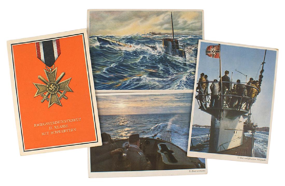 Lot of 4 German WWII color postcards Navy: P-009 Lot of 4 Third Reich color cards. Includes: (1) Three Navy (two of subs and observing from the conning tower). (2) War Merit Cross 2nd Class with Swords. Number 9 from the Pahl series. II