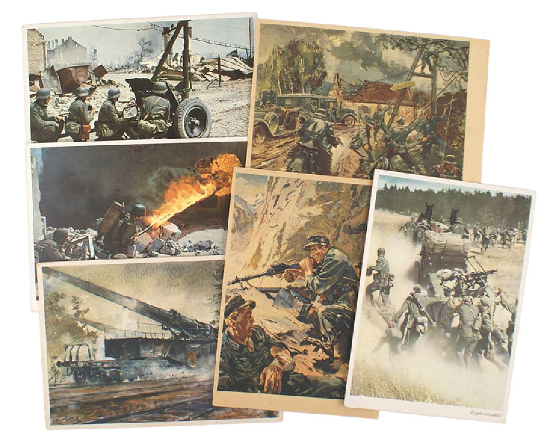 Lot of 6 German WWII Army combat postcards: P-010 Lot of 6 German WWII Army combat color postcards. Includes a Pak gun crew Paratrooper flame throwers, moving weapons, a railway gun, stringing communication wire and a Mountain Troop machine gun