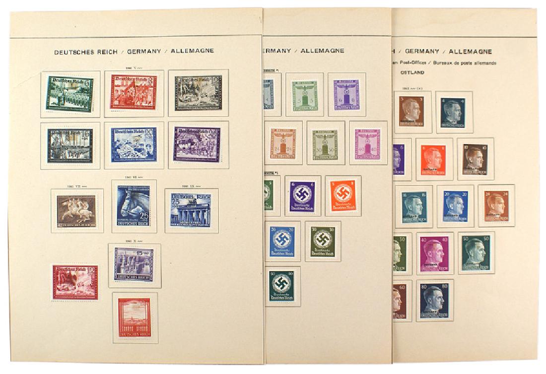 Lot German WWII unissued stamps Hitler Heads: P-017 Lot of Third Reich mint unissued stamps. Includes: (1) Set of 18 Hitler Heads with "UKRAINE" overprint, same set with "OSTLAND", set of 18 General Government Hitler Heads, set of 13 Hindenburg w