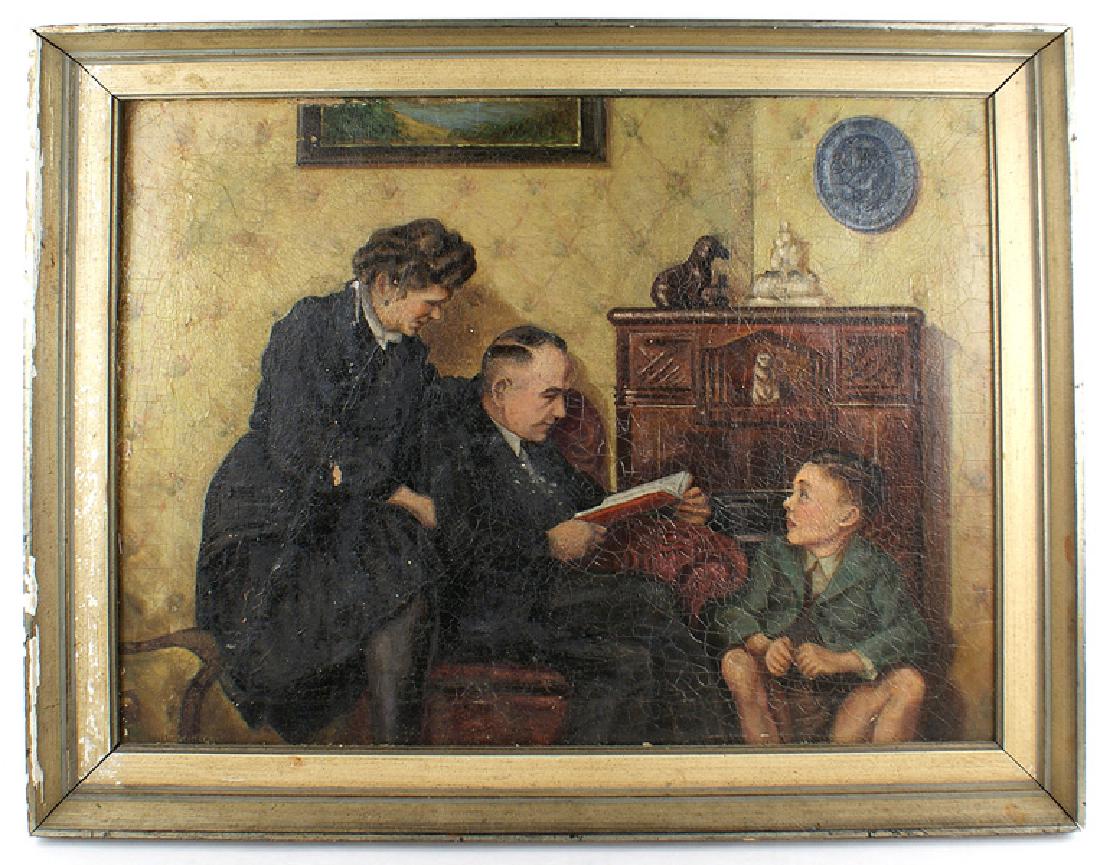 German WWII propaganda oil painting family: G-038 Third-Reich propaganda oil on canvas depicting a wholesome German family. A mother approvingly looks over her husband's shoulder while he is reading to their attentive son. Artist signed "Willi 