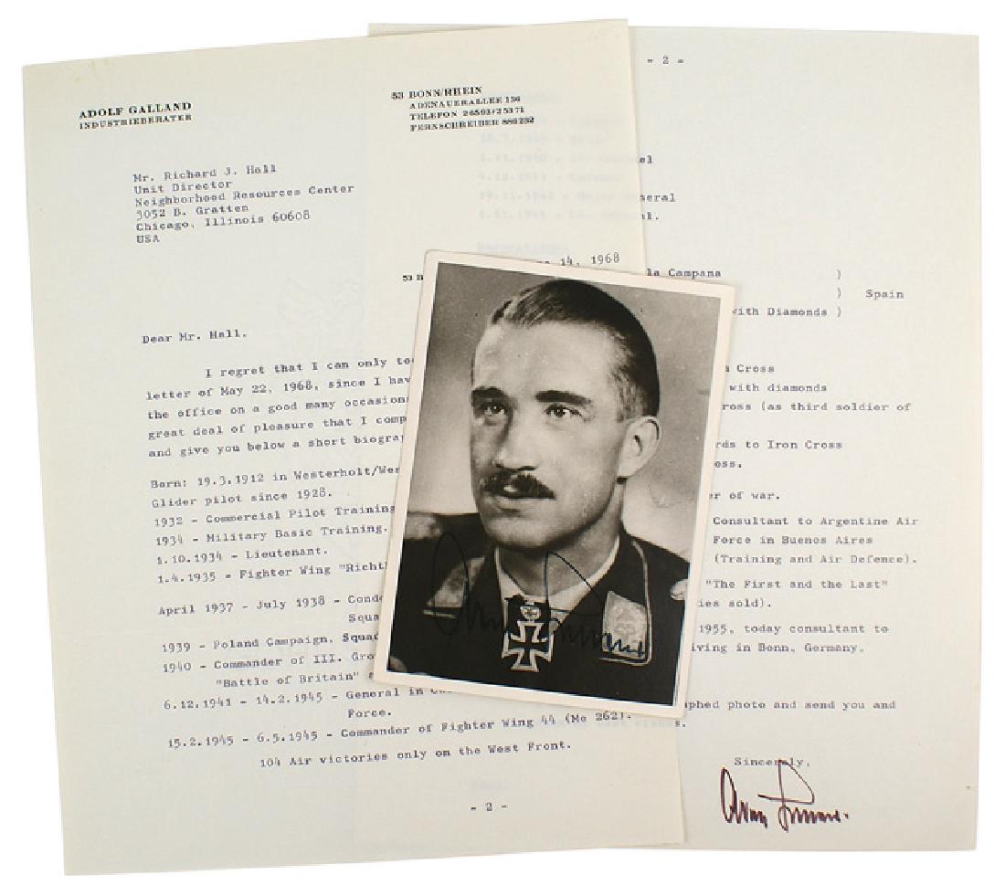 WWII Luftwaffe ace Adolf Galland signed letter: S-008 Two-page typed June 14, 1968 letter from German WWII Luftwaffe ace Adolf Galland to an American collector/historian. Includes Galland's aviation military career from 1928 to 1952 including accom