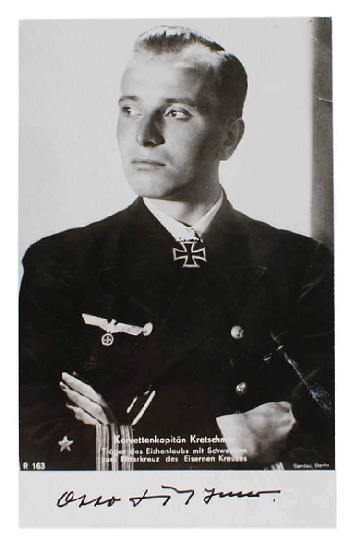 German Korvettenkapitan Kretschner autograph: S-012 Copy of a wartime photo card of German WWII Korvettenkapitan Otto Kretschner, the most successful U-boat Commander of the war. Ink signed. With a note to the American who requested his signature