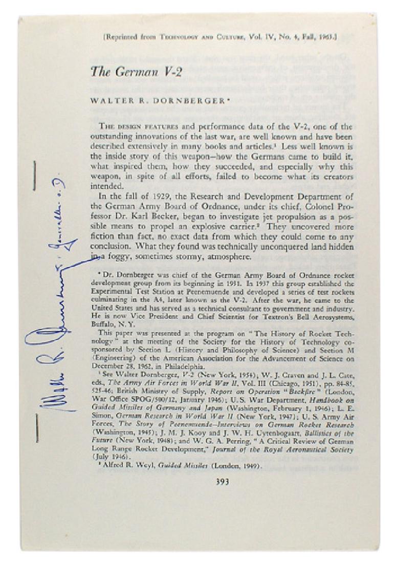 Reprint The German V-2 rocket development: S-013 Reprint of a 16-page article that appeared in a 1963 "TECHNOLOGY AND CULTURE" publication. Titled "The German V-2" by Walter R. Dornberger. The history of rocket development is presented from it