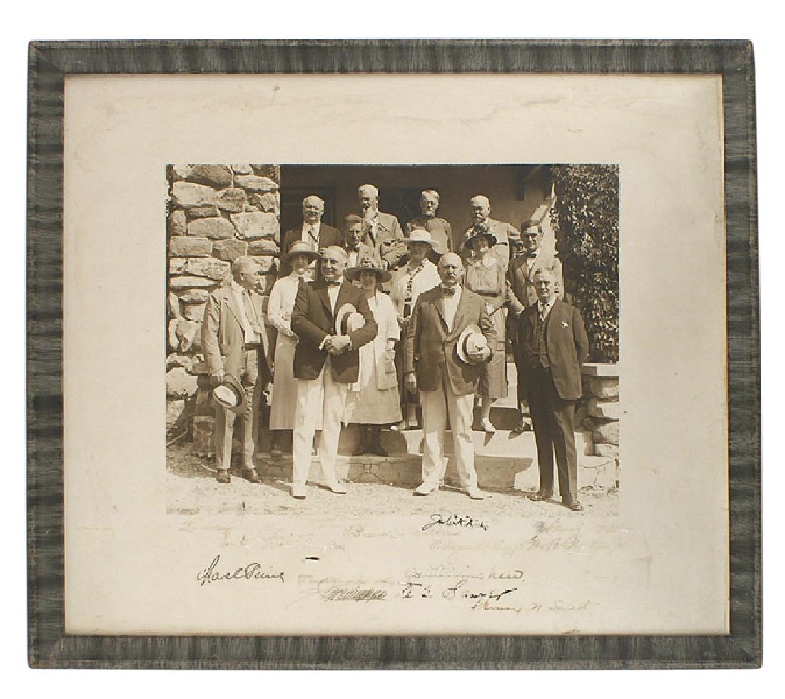 Framed photo of President Warren G. Harding: S-018 Framed photo of President Warren G. Harding, his wife, 4 Senators and other dignitaries-with signatures on the wide border. Reverse has a printed list of the guests of John Wingate Weeks at MOUN