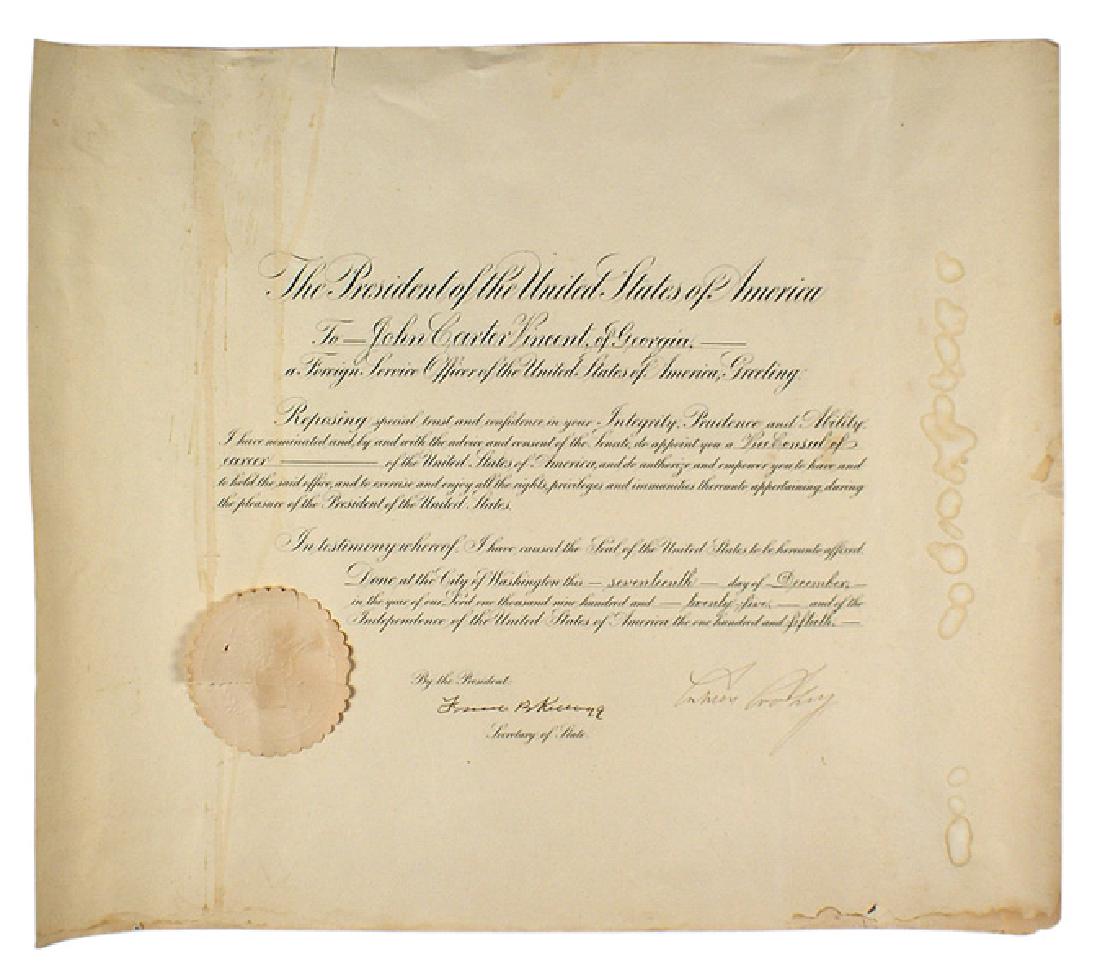 Presidential appointment signed by Calvin Coolidge: S-019 Presidential appointment of "John Carter Vincent of Georgia" as a "Vice Consul of career" in the Foreign Service of the United States of America. Dated 17 December 1925 and ink signed by Preside