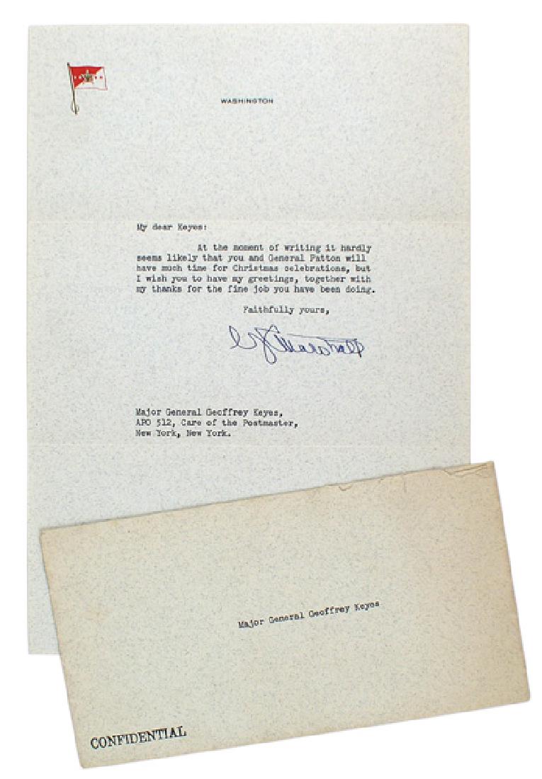 U.S. Gen. George C. Marshall signed letter: S-025 Typed letter from U.S. Gen. George C. Marshall to Major General Geofrey Keyes on four-star General letterhead. The comment that "... it hardly seems likely that you and General Patton will have 